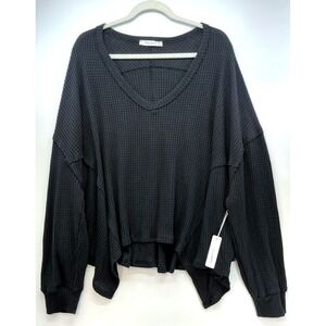 Six Fifty Black Waffle Knit Oversized V Neck Top Sz XL NWT Boho Lagenlook Lounge